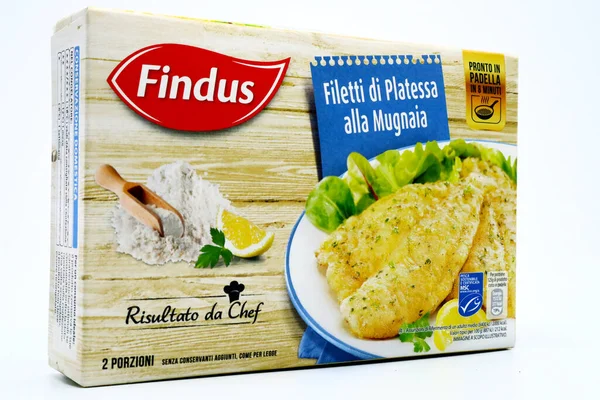 Pescara, İtalya 11 Şubat 2021: FINDUS Plaice filetoları. Findus, Göçebe Gıda Grubu 'nun donmuş gıda markası.