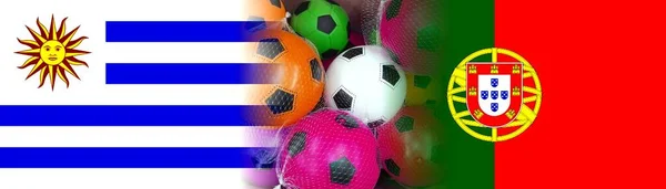 Uruguai Portugal Bandeiras Com Bolas Futebol Coloridas Isoladas Fundo Branco — Fotografia de Stock