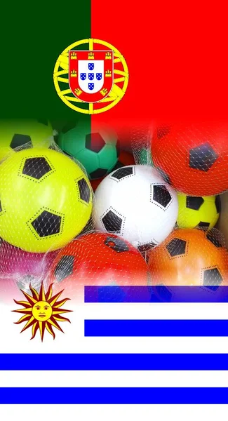 Uruguai Portugal Bandeiras Com Bolas Futebol Coloridas Isoladas Fundo Branco — Fotografia de Stock