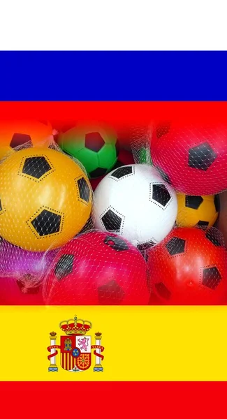 Drapeaux Russie Espagne Avec Des Ballons Football Colorés — Photo