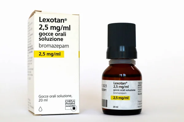 stock image Rome, Italy  August 16, 2022: LEXOTAN Bromazepam, a benzodiazepine medicine. Medication used to treat of severe anxiety. Cheplapharm Arzneimittel GmbH