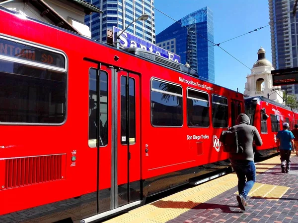 SAN DIEGO, California - September 12, 2018: MTS Metropolitan Transit System Green Line Trolley at SANTA FE Depot Station, San Diego, California