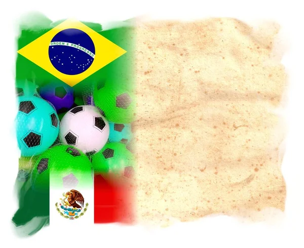 Flaggor Brazil Och Mexico Med Färgglada Fotboll Bollar — Stockfoto