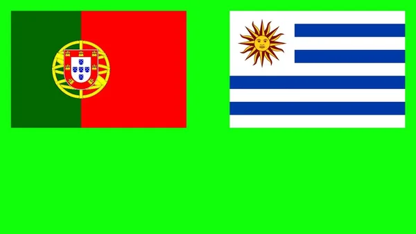 クロマキーの緑色の画面上のポルトガルとウルグアイの旗背景 — ストック写真