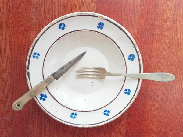 Vaisselle Antique Originale Assiette Avec Fourchette Couteau Argent Nickel — Photo