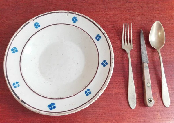 Vaisselle Antique Originale Assiette Avec Fourchette Couteau Cuillère Nickel Argenté — Photo