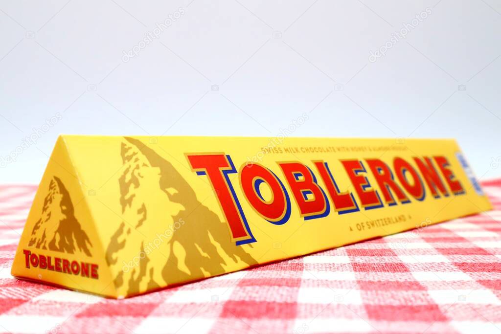 Pescara, Italy  July 18, 2019: TOBLERONE Swiss Milk Chocolate with Honey and Almond Nougat. TOBLERONE is a Swiss Chocolate bar by Mondelez International