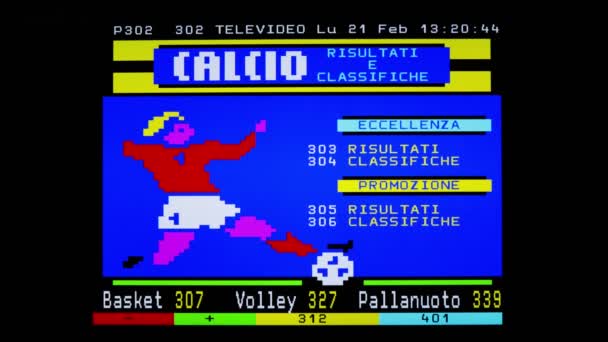 ローマ イタリア2022年2月21日 スポーツ指数のTeletextページ テレビRai イタリア国営放送 ヴィンテージのテレビの色からシンプルなグラフィック画面表示で元の写真 — ストック動画
