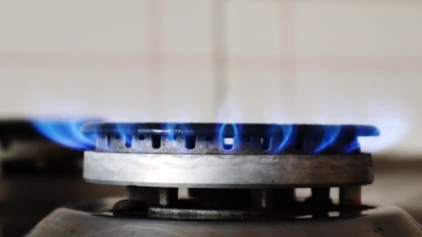 Kuchenka Gazowa Palącymi Się Płomieniami Gazu Kuchnia Domowa Niebieskimi Płomieniami — Wideo stockowe