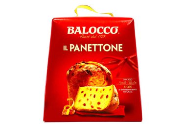 Pescara, İtalya 16 Kasım 2020: İtalya 'da BALOCCO Şekerleme Şirketi tarafından üretilen geleneksel İtalyan Noel Keki Panettone