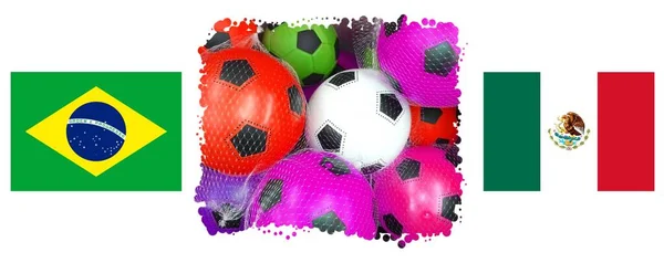 Flags Brazil Mexico Colorful Soccer Balls — Stock Photo, Image