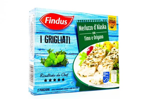 Pescara, İtalya - 31 Mayıs 2020: Findus Alaska morinası. Findus, Göçebe Gıda Grubu 'nun donmuş gıda markası.