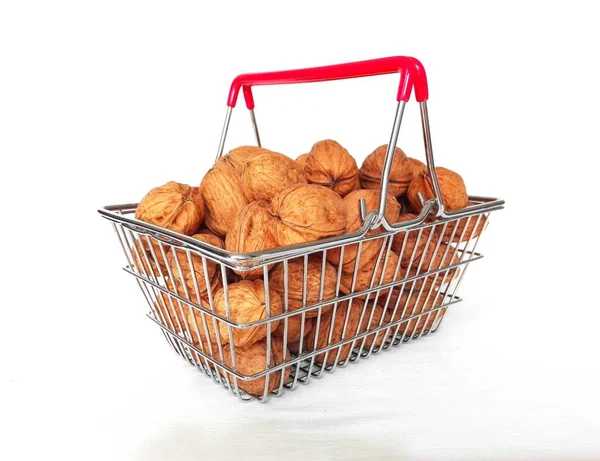 Fresh Organic Walnuts Metal Basket White Background Food Delivery Concept — Stock Photo, Image