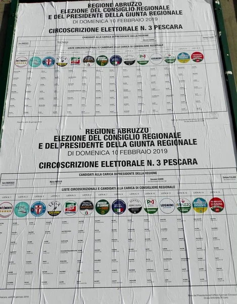 stock image Pescara, Italy - January 27, 2019: Election Wall Posters for the ABRUZZO Regional ELECTIONS of February 10, 2019 - List of Candidates and symbols of Political Parties