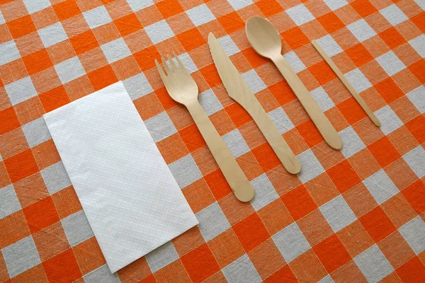 Checkered Tablecloth Wooden Knife Spoon Fork — Stock Photo, Image