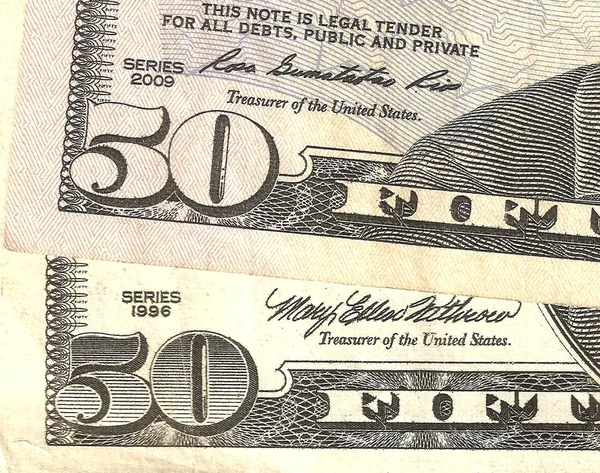 Selective Focus Different Series Fifty Dollars Banknotes Used Usd Cash — Stock Photo, Image