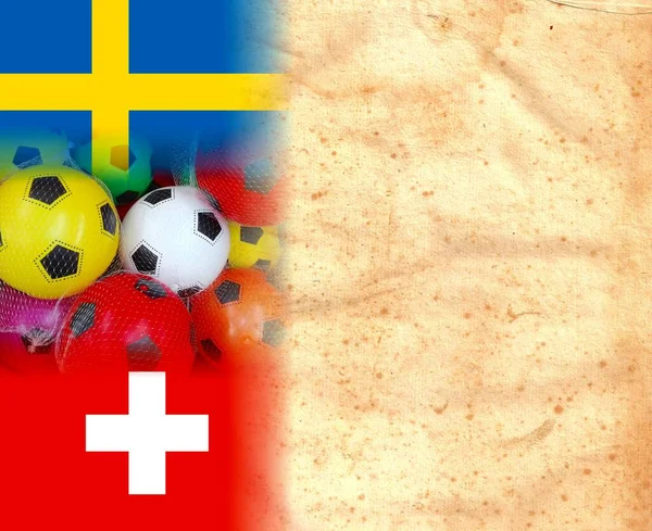 Suecia Suiza Banderas Con Bolas Fútbol Colores Sobre Fondo Blanco — Foto de Stock