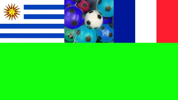 URUGUAY and FRANCE Flags with white soccer balls and Chroma Key Green Screen Background