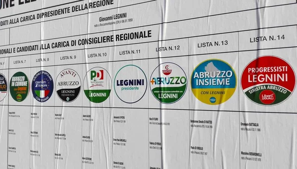 stock image Pescara, Italy - January 27, 2019: Election Wall Posters for the ABRUZZO Regional ELECTIONS of February 10, 2019 - List of Candidates and symbols of Political Parties