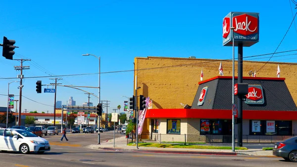 Stock image Los Angeles, California - October 3, 2019: JACK IN THE BOX American Fast Food Restaurant chain, serving chicken fingers, french fries, hamburger, cheeseburger, sandwiches, tacos and egg rolls 