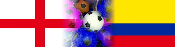 Цоломбия Русский Флаги Разноцветными Футбольными Мячами Белом Фоне — стоковое фото