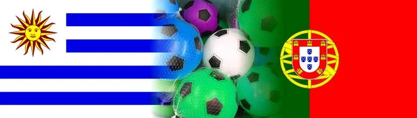 Σημαίες Uruguay Και Πορτογαλιασ Πολύχρωμες Μπάλες Ποδοσφαίρου Που Απομονώνονται Λευκό — Φωτογραφία Αρχείου