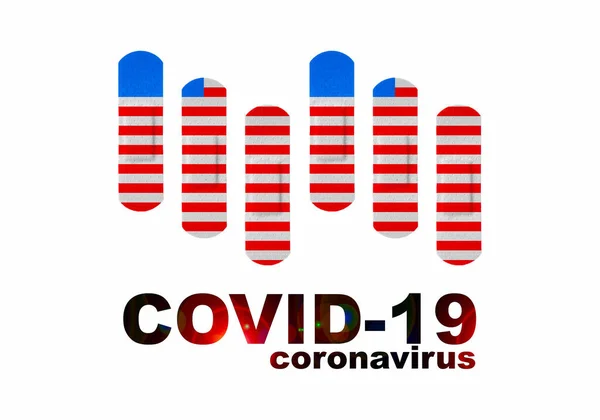 Coronavirus Covid Egyesült Államban Illusztráció Amerikai Zászlóval Ragtapaszcsíkokon — Stock Fotó