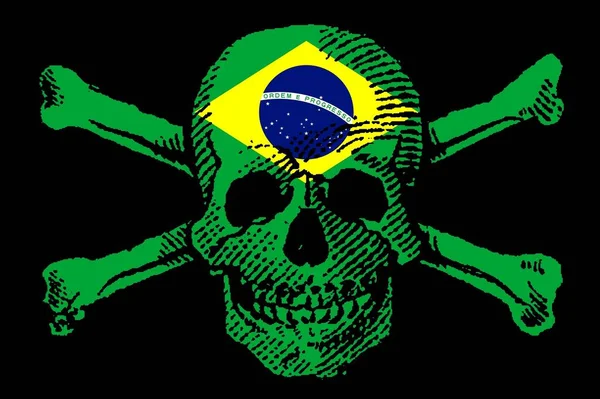 Stile Pirata Skull Crossbones Con Bandiera Brasile — Foto Stock