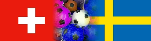 スウェーデンとスイス白い背景にカラフルなサッカーボールを持つフラグ — ストック写真