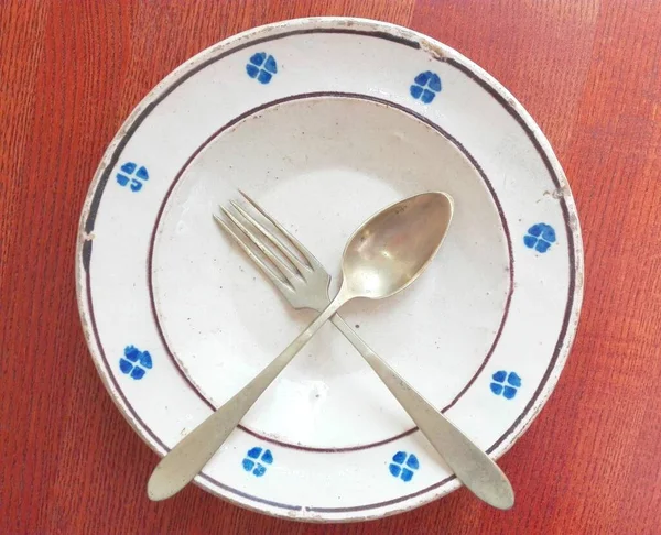Original Antique Tableware Dish Plate Nickel Silver Fork Spoon — Stock Photo, Image