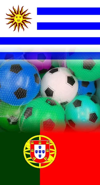 Uruguay Och Portugal Flaggor Med Färgglada Fotboll Bollar Isolerade Vit — Stockfoto