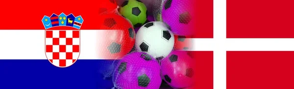 带有五彩斑斓足球的Croatia和Denmark旗帜 — 图库照片