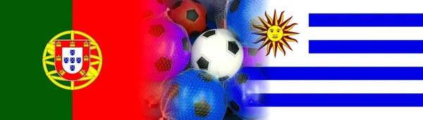 Uruguayとポルトガル白い背景に隔離されたカラフルなサッカーボールとフラグ — ストック写真