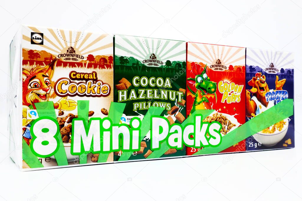 Pescara, Italia 10 de febrero de 2021 CROWNFIELD Mini Packs Cereales vendidos por la cadena de