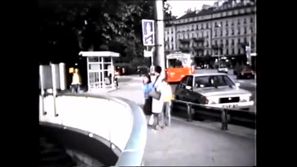 Geneva Switzerland 1970 Orange Bus Traffic Vintage Movie — стокове відео