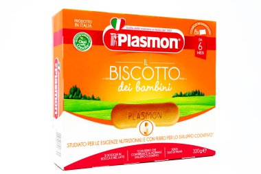 Pescara, İtalya 15 Şubat 2021: PLASMON Bebek Bisküvileri. Plasmon, Kraft Heinz Co. Group tarafından üretilen İtalyan markasıdır.