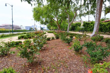 Beverly Hills, California - 12 Mayıs 2019: Santa Monica Bulvarı 'ndaki Beverly Gardens Parkı manzarası
