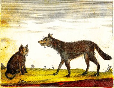 WOLF ve CAT - 1840 Klasik Resim, orijinal renkler ve kusurlar.