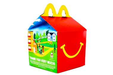 Los Angeles, Kaliforniya 2 Aralık 2019 McDonald 's Happy Meal karton kutusu. McDonald 's bir fast food restoran zinciri..
