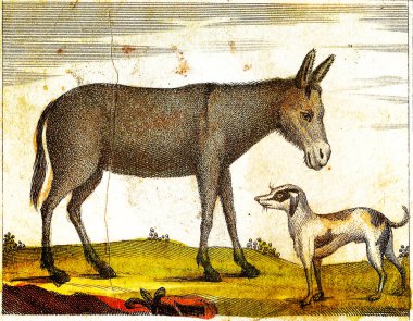 DONKEY ve DOG 1840 Klasik Resim, orijinal renkler ve kusurlarla işlenmiş.
