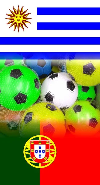 Uruguayとポルトガル白い背景に隔離されたカラフルなサッカーボールとフラグ — ストック写真