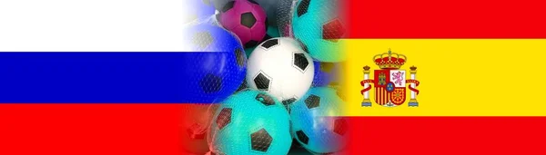 Σημαίες Της Ρωσια Και Ισπανια Πολύχρωμες Μπάλες Ποδοσφαίρου — Φωτογραφία Αρχείου