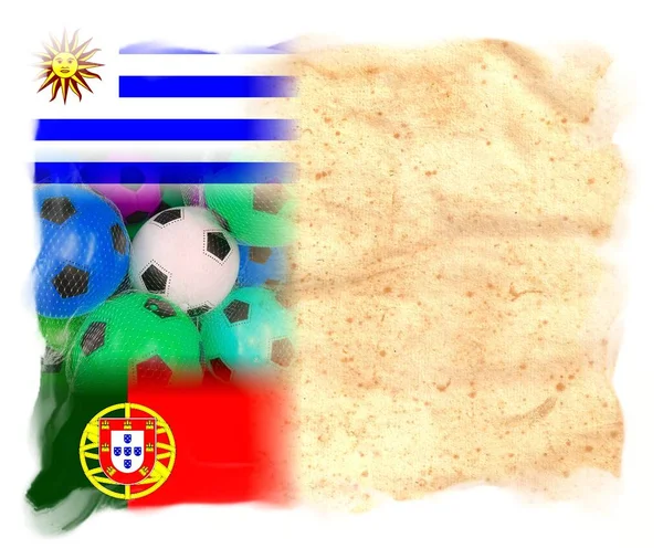 Uruguay Portugal Drapeaux Avec Des Ballons Football Colorés Sur Papier — Photo