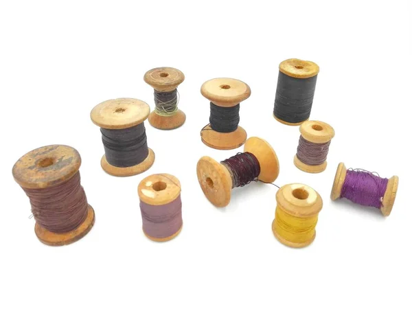 stock image Original Vintage Dressmaker Tailor Wooden Spools, Meter, Buttons, Thimble and Skein