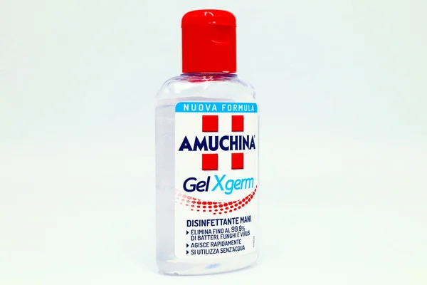 stock image Pescara, Italy  February 28, 2020: AMUCHINA Gel XGERM Hand Sanitizer to decrease infectious agent Virus, Fungi and Bacteria. AMUCHINA is an Italian brand of ACRAF ANGELINI Pharma