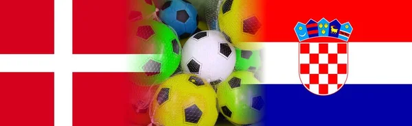 Kroatië Denemarken Vlaggen Met Kleurrijke Voetbalballen — Stockfoto