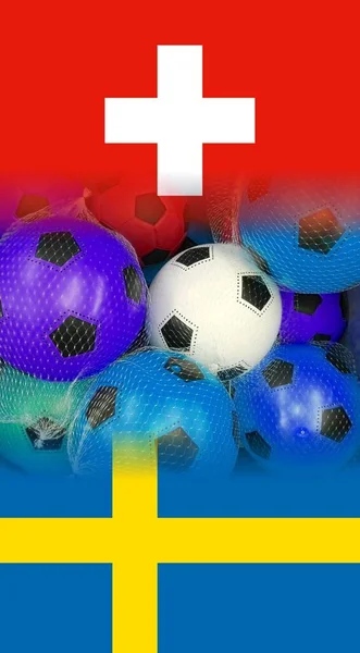 Флаги Швейцарии Швейцарии Разноцветными Футбольными Мячами Белом Фоне — стоковое фото