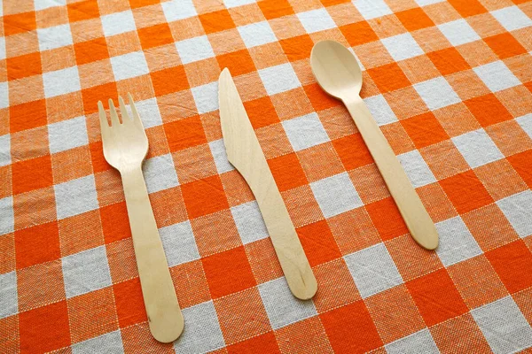 Checkered Tablecloth Wooden Knife Spoon Fork — Stock Photo, Image