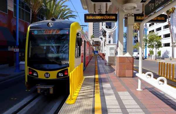 stock image LONG BEACH Los Angeles, California - October 5, 2019: view of Downtown Long Beach Metro Station and Blue Line Train