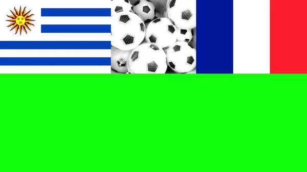 URUGUAY and FRANCE Flags with white soccer balls and Chroma Key Green Screen Background